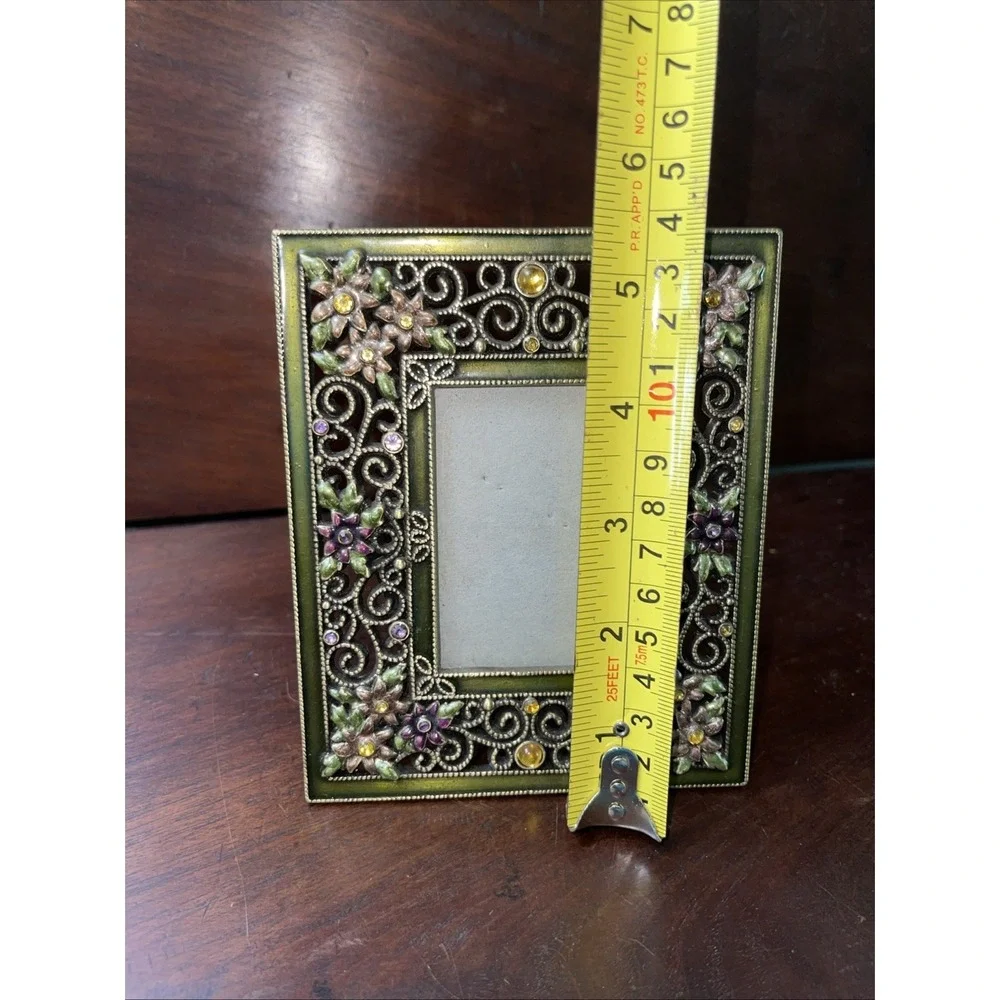Delicate Green Metal Picture Frame With Jewels 4.5 X 5.5 Freestanding